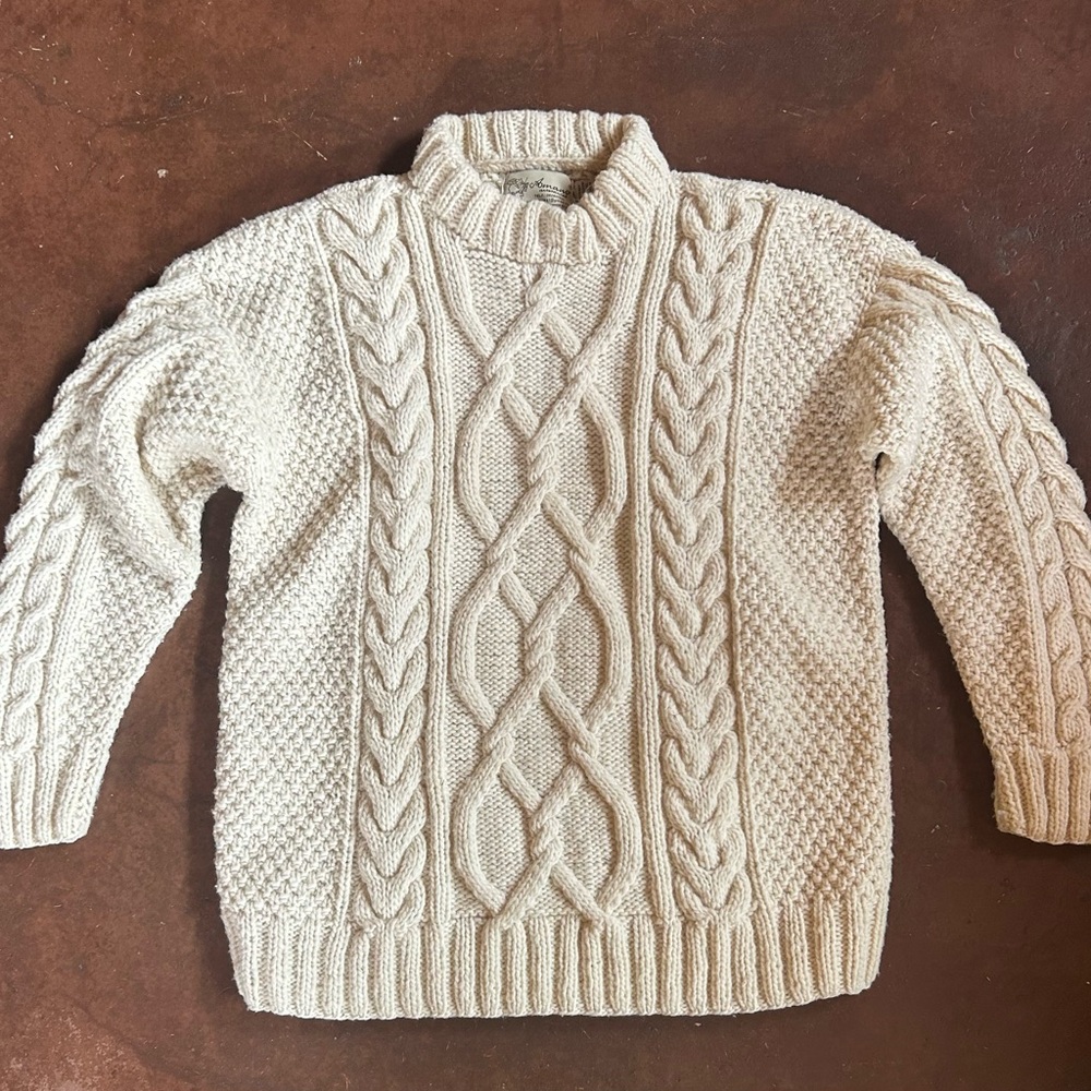 100% Wool Sweater, Hand Made Aran Style Fisherman Sweater